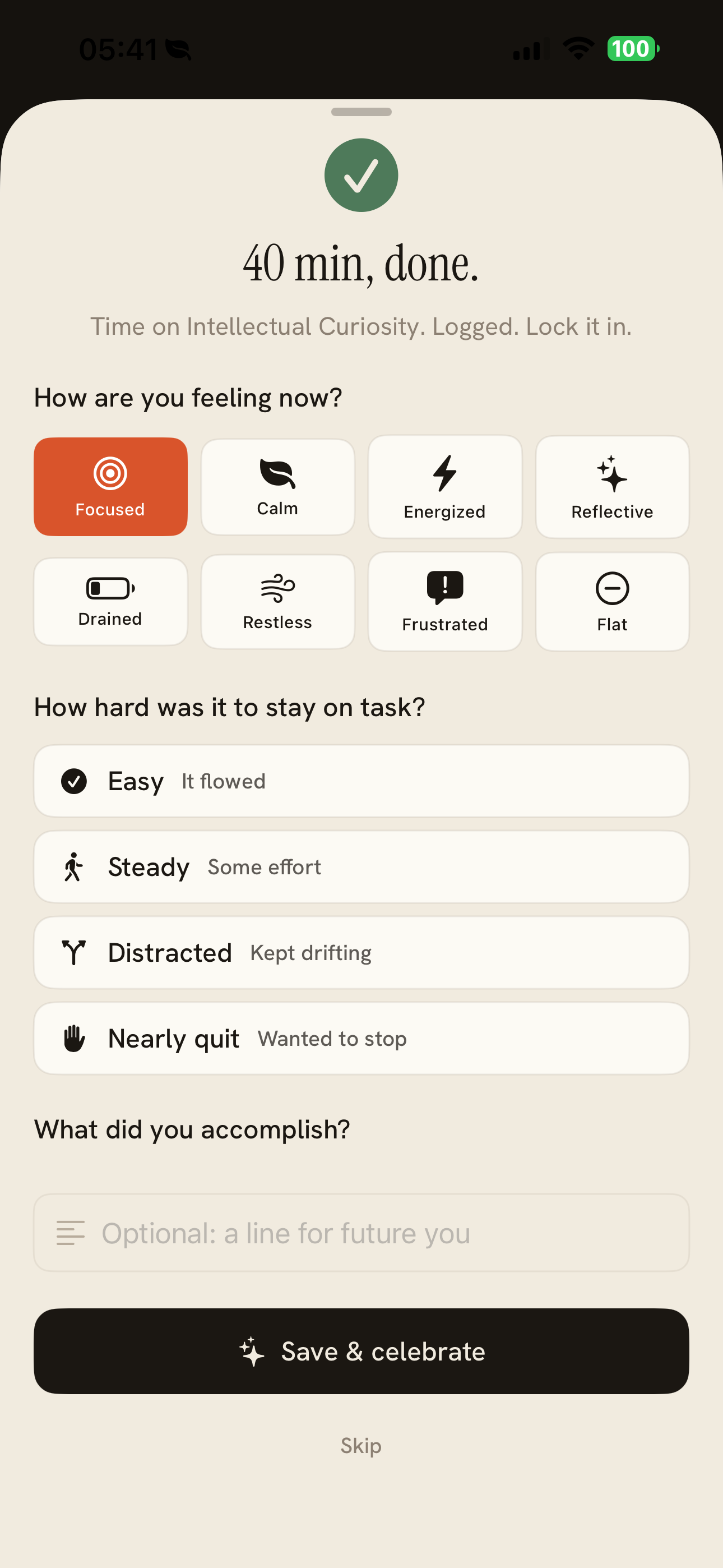 ReclaimOn post-session checkout asking how you feel and how hard it was to stay on task